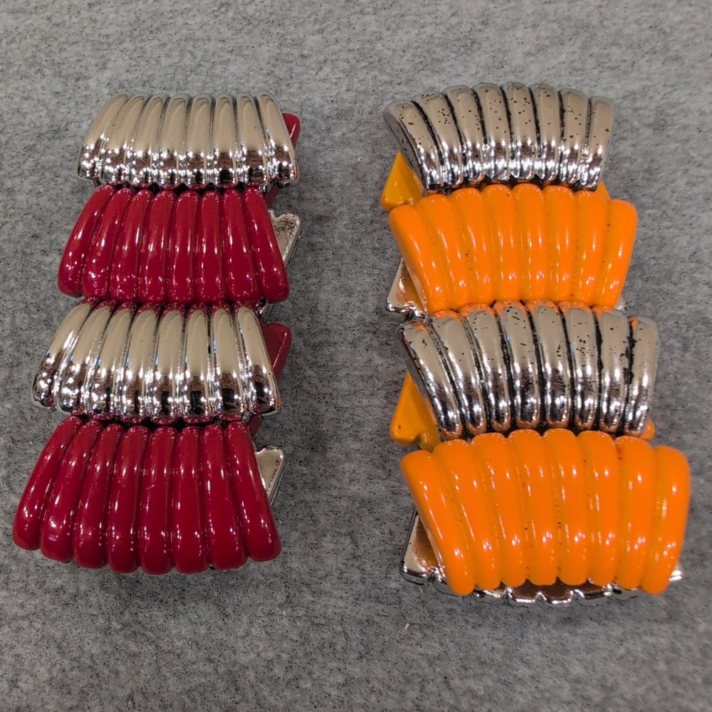 Set of 2 Stretch Bracelets Red Orange Silver Tone Beaded Stretchy Stackable‎